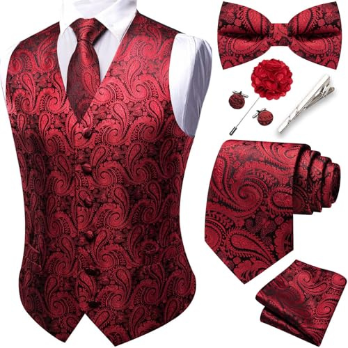 Barry.Wang Men's Red Waistcoat Paisley Formal Suit Vests Tie Bowtie Set Jacquard Clip Hanky Cufflinks Lapel Pin Wedding 8PCS