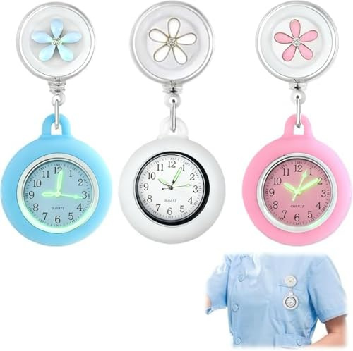 Voltvera Retractable Nurse Watch, 3Pcs Luminous Clip-on Nurse Watches Brooch, Portable Telescopic Digital Watch with Silicone Cover and Beautiful Flower Pattern for Nurses Doctors Kids and Paramedics