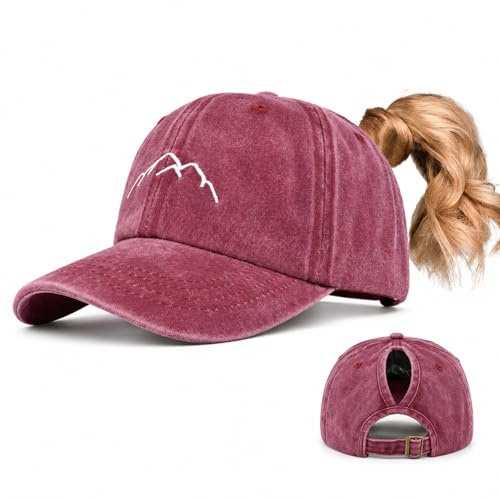 GEEKPC Vintage Washed Burgundy Cotton Baseball Cap with Ponytail Hole & Mountain Embroidery - Adjustable Women's Sun Hat for Hiking, Golf, Tennis, Outdoor Sports & Casual Wear, Breathable &
