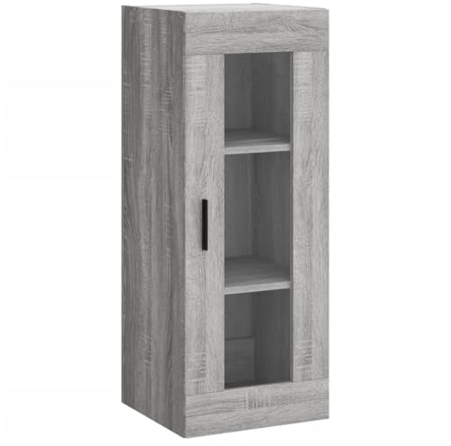 QJBSAVVA Armadietto da parete grigio Sonoma, 34,5 x 34 x 90 cm, in legno, con anta in vetro e maniglia, elegante vetrina sospesa per soggiorno, camera da letto e studio