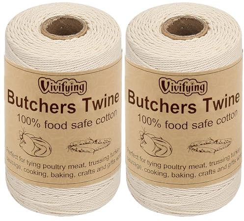 Vivifying Butchers Twine, 2pcs x 656 Feet Food Safe Cotton Bakers Twine String for Tying Meat, Making Sausage, Trussing Turkey, Roasting, Cooking and Packing(Beige)