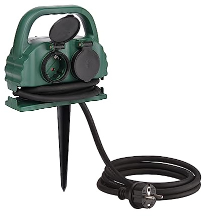 4-fach Gartensteckdose IP44 mit Tragegriff und Erdspieß, wasserfeste Außensteckdose mit H07RN-F Gummi Kabel (5m,grün)