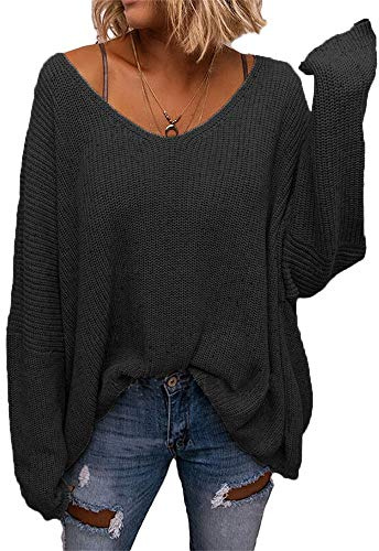 BZB Women's V Neck Long Sleeve Knit Loose Oversized Pullover Sweater Black