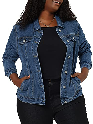 uxcell Women's Plus Size Jean Jacket Stitching Button Front Washed Western Outfit Denim Jacket 1X Snow Blue