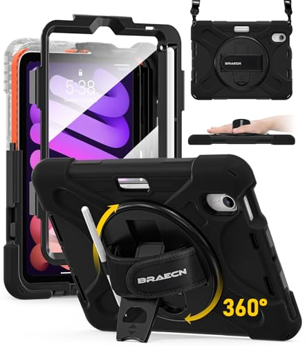 BRAECN per Cover iPad Mini 7 (A17 Pro)/Mini 6 2024/2021 8.3 Pollici, Antiurto Robusto Custodia con Pellicola Prottetiva, Supporto Girevole a 360° e Cinturino a Mano, Tracolla Portatile, Nero