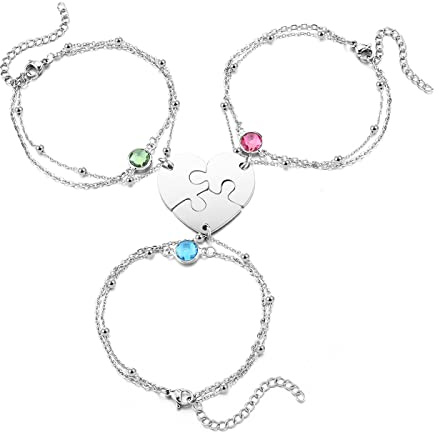 PiercingJak Personalized Puzzle Piece Bracelet Set 2/3/4 Pcs for Family Love Best Friend Stainless Steel Custom Name Anklet Bracelet BFF Matching Heart Pendant Friendship Jewelry 3pcs Non Engraving