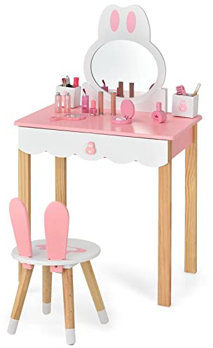 DREAMADE Coiffeuse Enfant en Bois avec Chaise et Miroir, Table de Maquillage pour Fille avec Tiroir et 2 Boîtes de Rangement, Imperméable et Multifonctionnel, pour Chambre, Salon (Lapin-Rose)