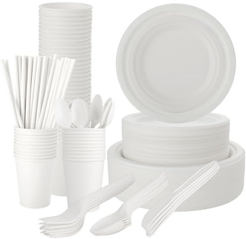 AKOLAFE Lot de 400 assiettes jetables en carton écologiques biodégradables pour 50 personnes avec fourchettes, couteaux et cuillères pour anniversaire, barbecue, pique-nique, fête