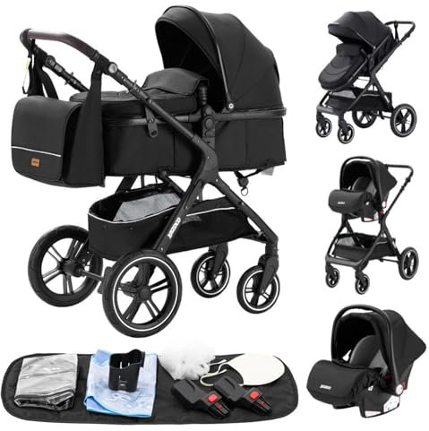 YAZOCO kinderwagen 3 in 1 Buggy Babybett Komplett Set Einem Klick Zusammenklappbarer Kinderwagen, KombiKinderwagen Aluminiumrahmen für Neugeborene Sitzzubehör (1 schwarz)