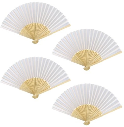 Colexy 4 Piezas Abanicos Plegables de Mano para Mujer, Chino con Borlas Abanicos de Mano de Bambú de Tela de Seda Retro Abanico Plegable de Mano para Mujer para Bodas Fiestas o Regalos (Blanco)
