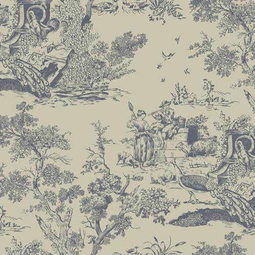 Yomshi Papel tapiz autoadhesivo azul y beige, papel tapiz para despegar y pegar, papel tapiz de árbol y animales, papel de contacto de 41 x 300 cm, papel pintado vintage para sala de estar, dormitorio