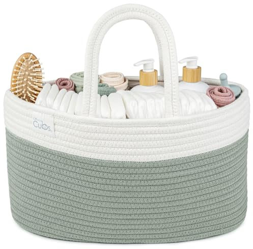 Comfy Cubs Rope Diaper Caddy Organizer 8.5 x 15 x 8 - Large Baby Diaper Basket with 3 Spacious Compartments - Stylish Cotton Baby Caddy Organizer for Diapers, Wipes & Essentials - Sage