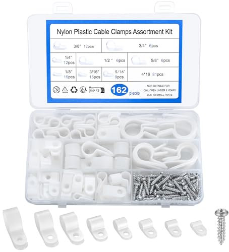 162 Piezas Clips de Cable Tipo R, Abrazadera de Cable de Nylon, Abrazaderas de Cable R-Type para Cables Eléctricos, Fijaciones de Cables, con Tornillos - Blanco
