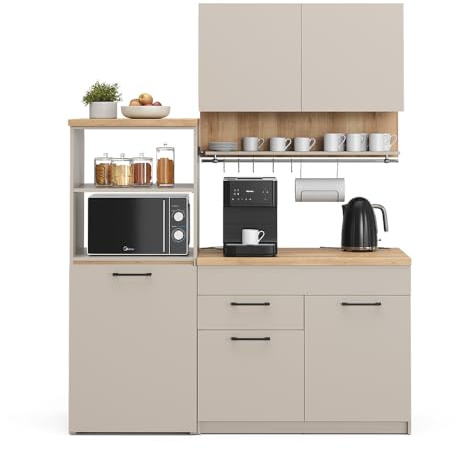 Vicco Singleküche Egbert, Greige, 160 cm mit ausziehbarem Tisch, mit integriertem Tellertrockner und seitlichen Regalablagen