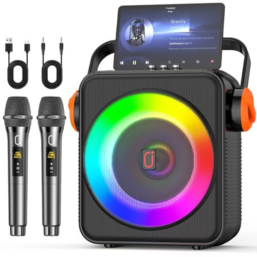 Máquina de karaoke con altavoz de 6.5 pulgadas y modo instrumental, altavoz de karaoke portátil Bluetooth 5.3 con 2 micrófonos inalámbricos para adultos, sistema PA con ajuste de eco, compatible con