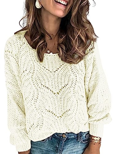 Dokotoo Womens Sweaters Ladies Fashion 2025 Fall Outifits Casual Loose Winter Clothes Hollow Out Chunky Cable Knit Crewneck Long Sleeve Cute Knitting White Sweaters Pullover Outerwear Large