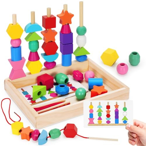 Goujfol Giochi Legno Bambini, 2-in-1 Montessori Giocattoli Impilabili und Infilare, Giochi Bambino Forme Colori Geometriche Ordinamento Giocattolo, Regalo per Ragazzi e Ragazze 3 4 Anni