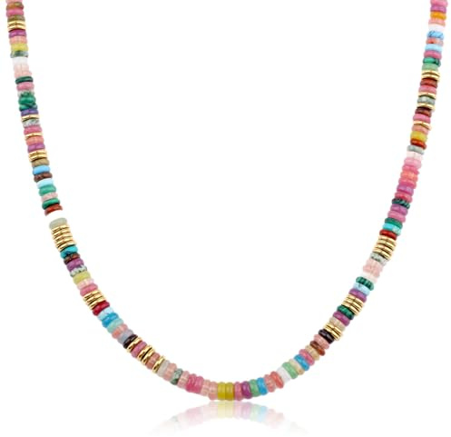 Mikovivi Colorful Beaded Necklace, Multicolor Natural Stone Boho Beaded Choker Rainbow Gemstone Necklace with Secure Lobster Clasp Beach Handmade Jewelry for Freshwater Women Summer Beach Party