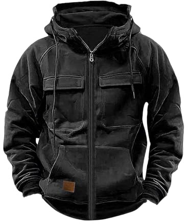 Tactical Sweatshirts Men Hoodies Full Zip Long Sleeve Workout Cargo Pullover Sport Outdoor Winter Jacket with Pocket Black