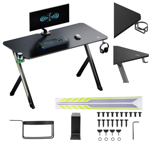 Scrivania da gioco NanoRS RS101 120 x 60 x 75 cm con foglia nera rivestita in carbonio telaio in acciaio capacità di carico 75 kg Porta cuffie Porta bevande Piedi antiscivolo Angoli arrotondati Stile