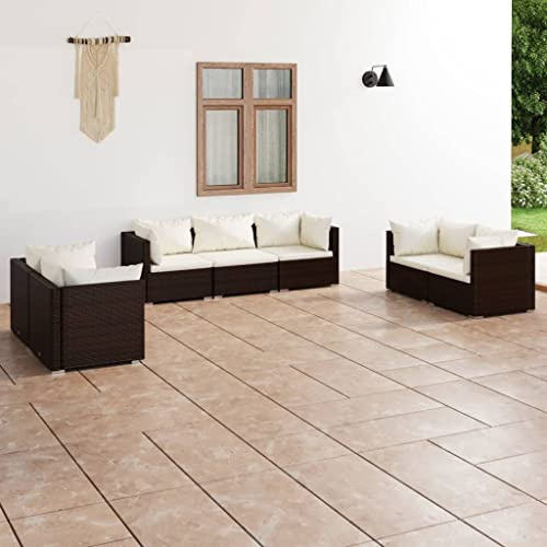 QJBSAVVA Salon de jardin 7 pièces 70 x 70 x 60 cm en rotin synthétique marron avec coussins crème, groupe de sièges modulaire pour balcon, terrasse et jardin