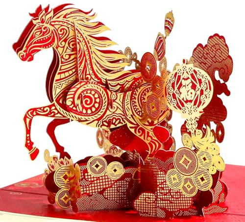 WALENGIF Happy Chinese New Year Cards 2026 - Year of The Horse 3D Pop Up Card Chinese New Year Gifts Cards Lunar New Year Greeting Cards with Envelope Spring Festival Party Favors Supplies