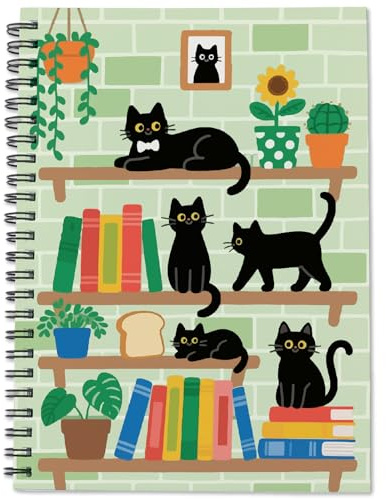 PRESSINART Katt anteckningsbok journal djur spiralanteckningsbok 20 x 15 cm svart katt på bokhylla mönster 80 sidor A5 högskola linjerad dagbok med fickor söt anteckningsblock kontor arbetsrum