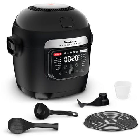 Moulinex Multicook Stir&Fry, Multicuiseur et air fryer, Pale de mélange automatique, 14 programmes, Cuisson 2 niveaux, MZ7408F0, Noir
