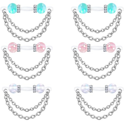 FLOGWE 4PCS Fake Nipple Piercings, Double Chain Dangle with Adjustable Silicone Nooses Fake Nipple Rings, Non-Piercing Faux Body Jewelry for Women