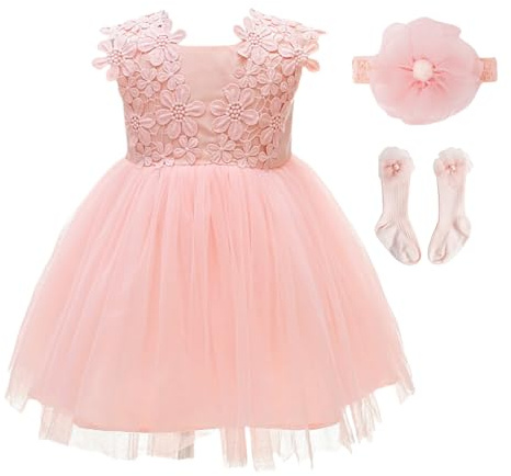 KRUIHAN Vestito di Pizzo per Neonata,Abito da Principessa Estivo in Tulle Traspirante per Battesimo,Compleanno,Matrimonio,Festa,con Fascia,Calzini e Confezione Regalo,18M