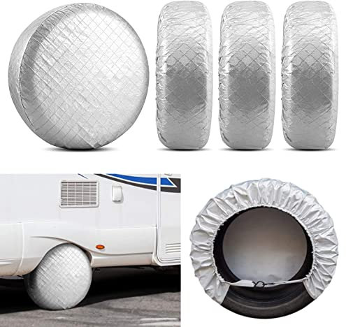 COOSOO Tire Covers Set of 4,Aluminum Film Waterproof Dustproof RV Spare Wheel Cover with Hooks for Trailer Camper Truck SUV Motorhome Jeep, UV Rain Snow Tire Wheel Protector (Fit 19-22 Inch Tire)