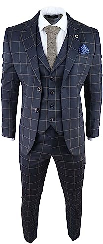 Mens Blue 3 Piece Suit Tan Check Classic Wedding Prom Peaky Tweed Vintage - Navy 44