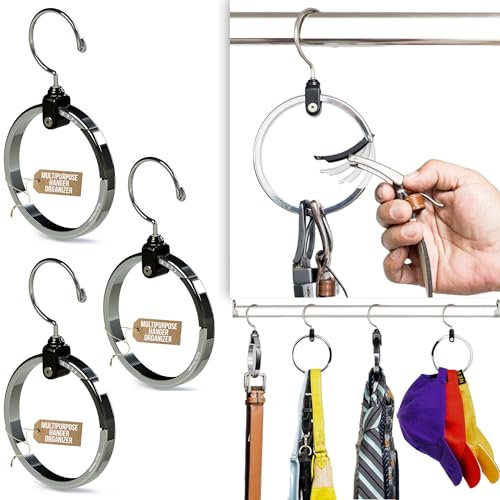 3-Pack Multipurpose Closet Hanger Organize All Your Belts, Sport Hats, Ties, Scarves, Purses, Garment, Gear and More! ROLLY HANGER is Uniquely Designed to Accommodate Both Heavy and Light Items