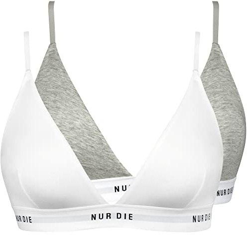 Nur Die 2er Pack Soft BH sportlich ohne Bügel bügelloser BH Triangel Bra Bustier Baumwolle Damen, Graumelange/Weiss, L