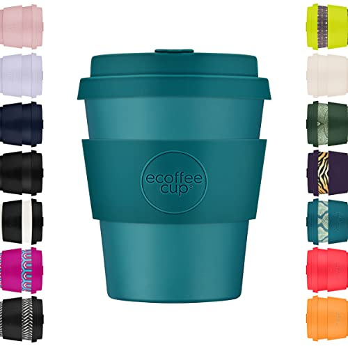 Ecoffee Cup 240 ml återanvändbar miljövänlig 100 % växtbaserad kaffekopp med silikonlock och ärm - melaminfri och biologiskt nedbrytbar diskmaskin/mikrovågsugn säker resemugg, Bay of Fires
