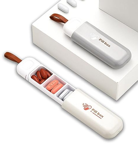 EUDUQ 2 Pezzi Mini Portapillole,3 Scomparti porta Pastiglie Giornaliera,Portapillole Tascabile,Portapillole da Viaggio Portatile,Portapastiglie per Vitamine,Olio di Pesce,Pillole(Beige e Grigio)