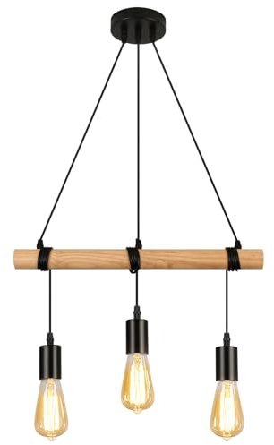 FORCOSO Pendelleuchte Esstisch Holz 3 flammig Vintage Hängelampe Decken Esszimmerlampe mit E27 Fassung Höhenverstellbaren Hängeleuchte Holz für Wohnzimmer Küche - Ohne Glühbirne
