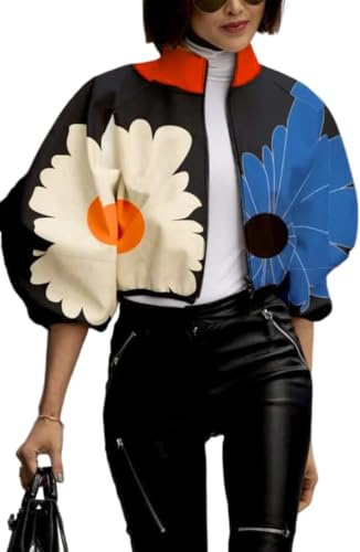 Chaqueta Corta de Mujer otoño Primavera Estampado de Lunares Temperamento Blusa Corta Estampado de Lunares Cuello Alto Manga abullonada Moda Tendencia Chaqueta (Azul,M)