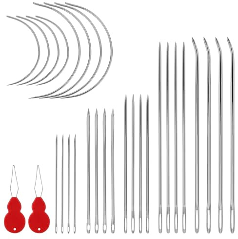 Littlegaofeithing 28 Pcs Aiguilles à Coudre,Enfileur D'aiguilles Aiguille à Coudre Cuir Acier,Aiguilles à Main Très Résistantes Aiguilles à Coudre à Gros Yeux pour la Couture et la Réparation
