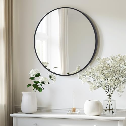 LunaMirror Round Wall Mirror 60x60 CM Circle Wall-Mounted Bathroom Vanity Mirror Stylish Black Aluminum Frame Home Decor Hanging for Bathroom Hallway Entrance Living Room Bedroom
