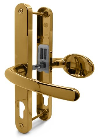 TSS Polished Brass UPVC Door Handle Pair Set with Lever and Pad, Suits Fullex Locks, Sprung, 68mm PZ (Centres), 215mm Screw to Screw, Backplate 245mm x 32mm, Replacement PVC Door Handle in Brass