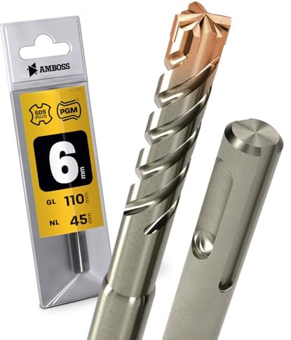 SDS Plus - Broca para martillo perforador, 4 unidades, PGM, diámetro 6,0 mm x 45 mm, AMBOSS SDS Crusher 4 - Broca HM para hormigón, metal duro, broca profesional, 6,0 mm x 45 mm, broca para piedra,