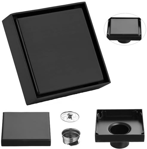 Bodenablauf, Duschablauf, Bodenablauf Edelstahl, Eckig Bodenablauf Dusche Schwarz, Verdeckte Bodenablauf, für Badezimmer, Dusche, Schnell Entleerend, Anti Überlauf, Geruchsresistent (Schwarz)