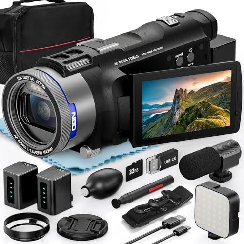 NBD 5K Camcorder 48MP F1.8 mit 16X Zoom & 270° Drehdisplay, 5K/30fps Video, WiFi – Profi-Vlog Kit inkl. 32GB + Mikrofon (277g Ultra-Leicht)