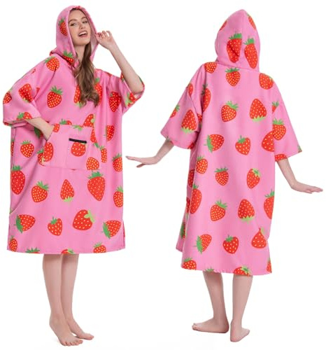 OLAOLA Strawberry Surf Poncho Changing Towel, Swim Robe Poncho with Pocket Plus Size Quick Dry Terry Cloth Cover-Up Hood for Women Men