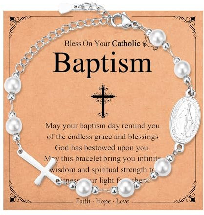 Shuxin Christening Gifts for Girls, Cross Bracelet Baptism Gifts for Teenage Girls, Christian Catholic Religious Gifts for Her, Virgin Mary Pearl Bracelet, Christian Jewellery for Women