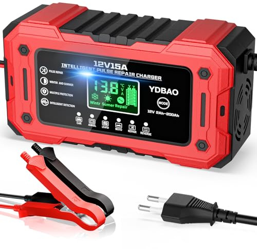 YDBAO 15A Caricabatteria per Auto 12V 15A Caricabatterie Intelligente Completamente Automatico da Auto con Display LCD con Compensazione della Temperatura per Moto Auto Batteria AGM Barche