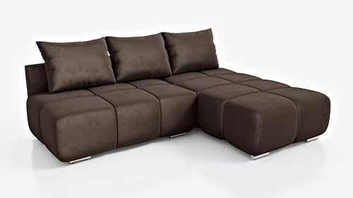 DMSM Canapé d’Angle Convertible Flash, avec Coffre de Rangement, 260 cm, Récamière Droite, Velours, Canapé Moderne Design Cubique (Marron)