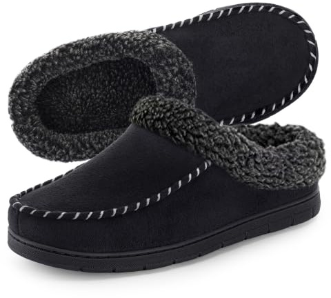 ULTRAIDEAS Men's Cozy Memory Foam Moccasin Suede Slippers with Fuzzy Plush Wool-Like Lining, Slip on Mules Clogs House Shoes - Black - 10/11 UK