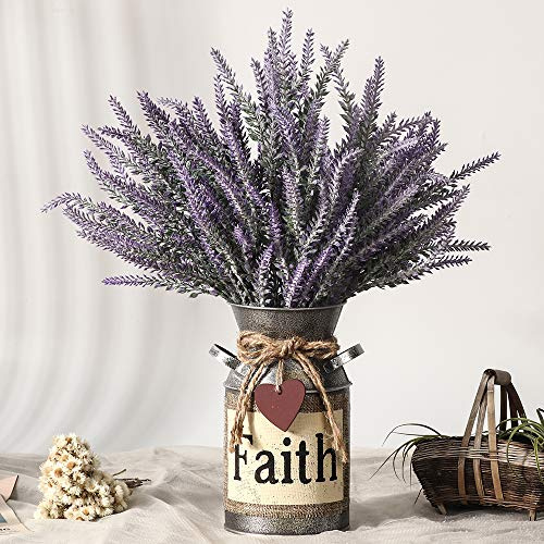 LESING Flores Artificiales de Lavanda con jarrón, Plantas de Lavanda Falsas en jarrón de Metal Decorativo, Flores rústicas Vintage para decoración del hogar de Granja (fe, Morado)